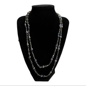 Single Long Strand Silver Blue Gray Beads on Silver Tone Chain Costume Jewelry